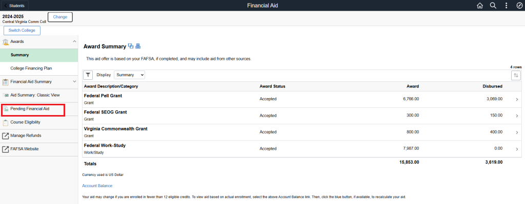 Screenshot of student's Award Summary page